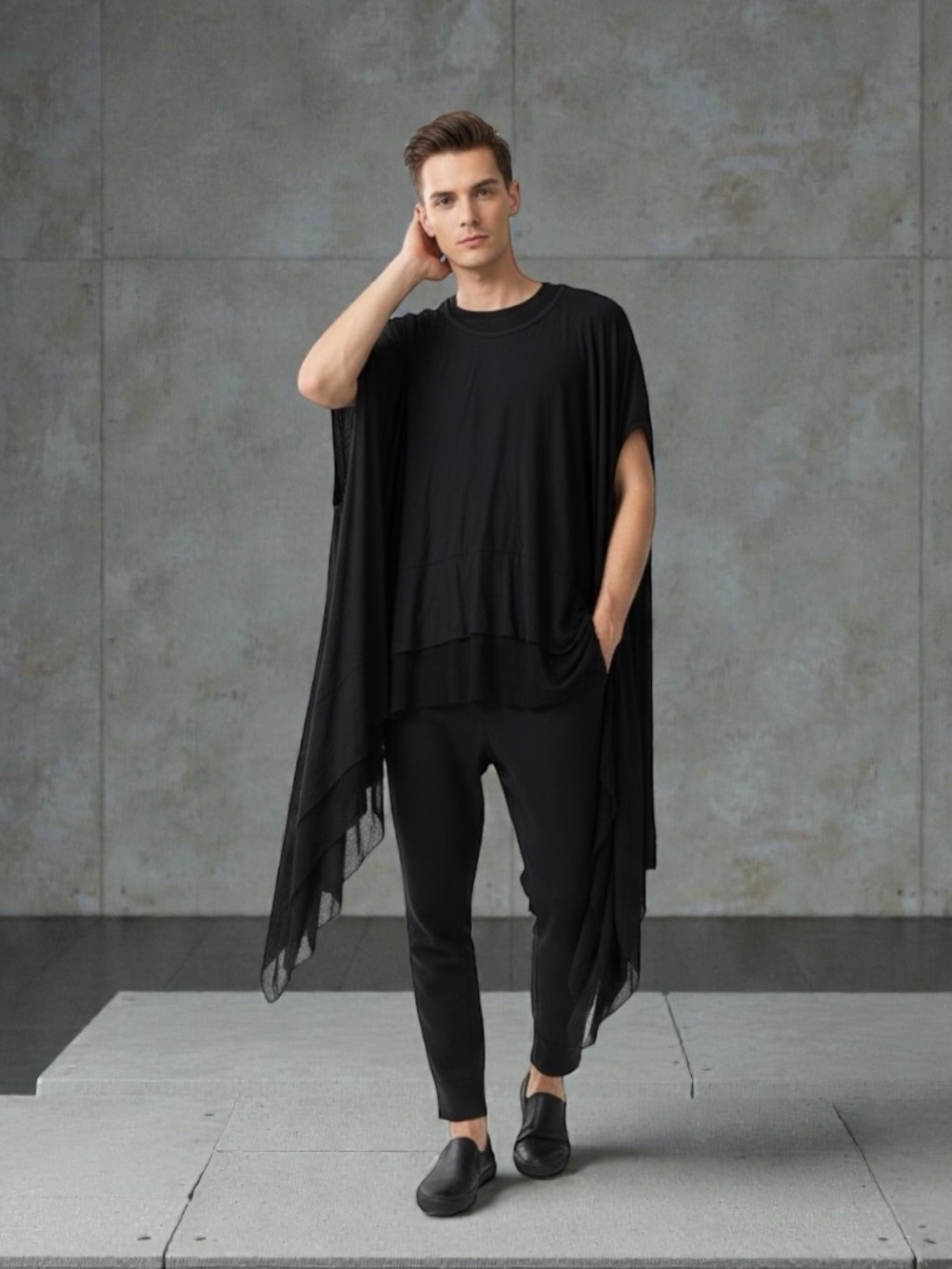 ORTTU Black Crewneck Top with Branded Neck Label poncho